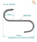 Fleischhaken aus Edelstahl (DRM 5mm), bis 60kg Gewicht.